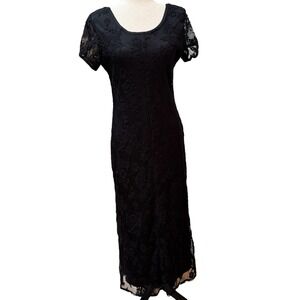 Jim Elliot California Black Floral Lace Maxi Dress Short Sleeve Vintage Style 10